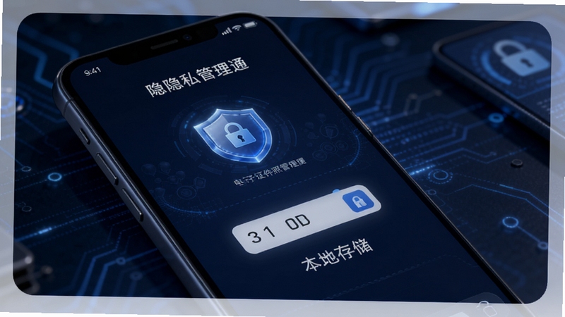 电子证件照管理通隐私安全锁界面,手机屏幕显示密码输入框和盾牌图标,背景为深蓝色科技感氛围,强调数据安全与本地存储,适配Boogu模型生成
