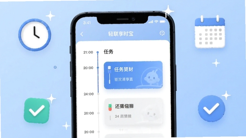 轻联享时宝 软件主界面预览图,画面中央展示手机屏幕内的时间轴与任务卡片,背景为淡蓝色渐变,周围分布时钟、日历、勾选图标等元素,风格简洁现代,适配Boogu模型生成