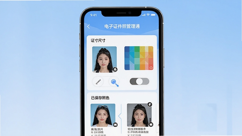 一款名为电子证件照管理通的手机应用界面展示,画面中央是软件主功能页面,包含证件照尺寸选择、背景颜色切换、已保存照片列表等模块,背景为浅蓝色渐变,整体风格简洁专业,适配Boogu模型生成