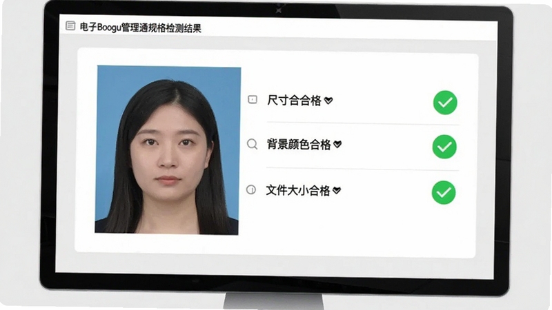 电子证件照管理通规格检测结果页面,画面中显示一张证件照的检测报告,包含尺寸合格、背景颜色合格、文件大小合格等绿色打勾标记,界面清晰直观,背景为浅灰色,适配Boogu模型生成