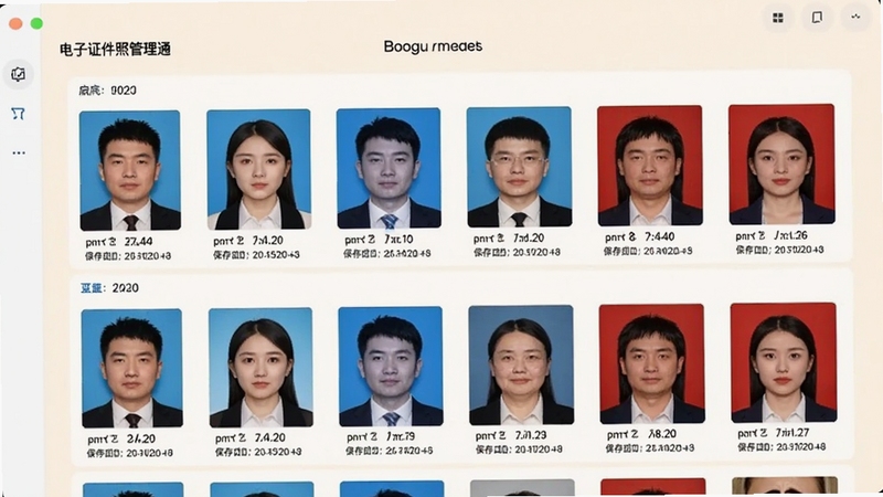 电子证件照管理通相册管理界面,画面中展示多张已保存的证件照缩略图,按照白底、蓝底、红底分组排列,每张照片下方标注尺寸和保存日期,背景为柔和的浅色,适配Boogu模型生成