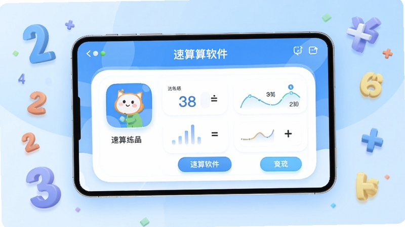 速算通软件主界面展示,画面中心为速算通App的清爽练习面板,背景区域为柔和的浅蓝色渐变,四周点缀数字与运算符号的抽象元素,适配Boogu模型生成