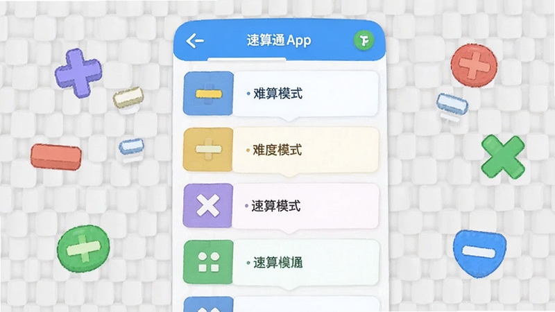 速算通多模式训练界面,画面主体为速算通App中不同难度模式的卡片式选择列表,背景区域为淡灰色网格纹理,周围漂浮着加号减号乘号除号图标,适配Boogu模型生成