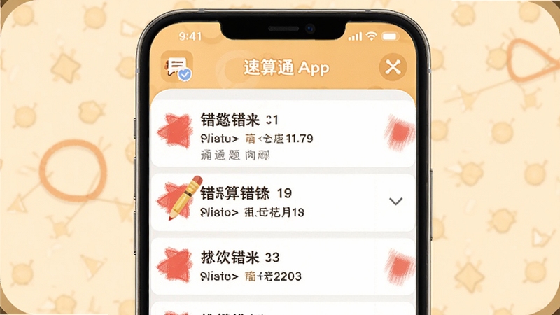 速算通错题回顾功能展示,画面中心为速算通App的错题列表页面,背景区域为温暖的米黄色调,错题条目旁带有醒目的红色标记,适配Boogu模型生成