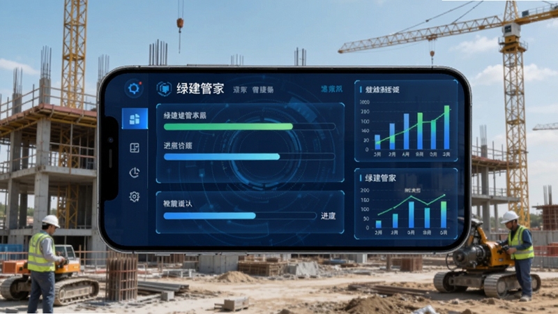 绿建管家施工进度管理界面手机预览图,现代化建筑工地背景,蓝色科技感UI,进度条与图表悬浮显示