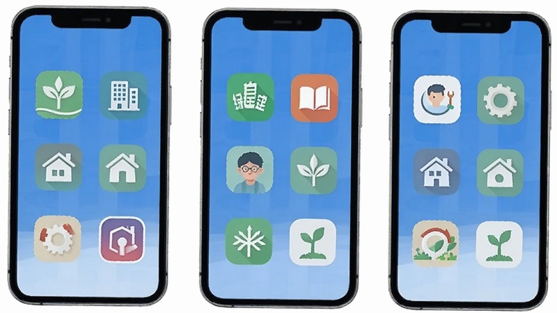 绿建管家与同类工程管理软件对比示意图,手机屏幕排列展示多款应用图标,简洁扁平化风格,蓝白配色