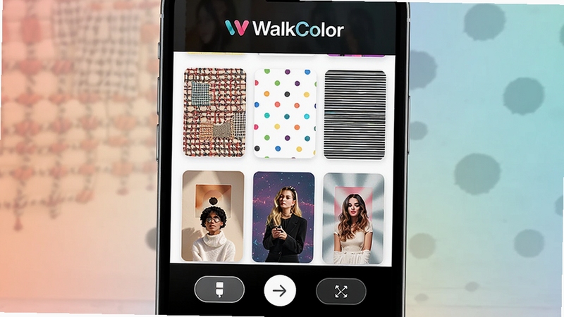 WalkColor���������ģ����棬��������Ϊ�ֻ���Ļչʾ����������ͼ������֯ͼ�����㡢ɨ���ߵ�Ч��Ԥ��������Ϊ��͵Ľ���ɫ����Ļ�·��з���л���ť��WalkColor��־λ�ڶ���