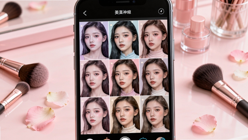 美颜写真照神器滤镜与妆容模板选择界面,画面主体是手机屏幕内展示的九宫格滤镜预览图,每个格子呈现不同色调风格的人像照片,背景区域是浅粉色化妆台场景,散落着化妆刷与花瓣装饰,整体风格柔美清新,色彩丰富,高清渲染