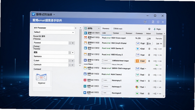 爱博email搜索圣手软件主界面全景展示,画面中央为软件操作窗口,左侧显示搜索参数设置区域,右侧为邮箱结果列表,背景为深蓝色科技感渐变,界面元素清晰锐利,采用扁平化UI设计风格,分辨率1920x1080,适合软件下载站展示用图
