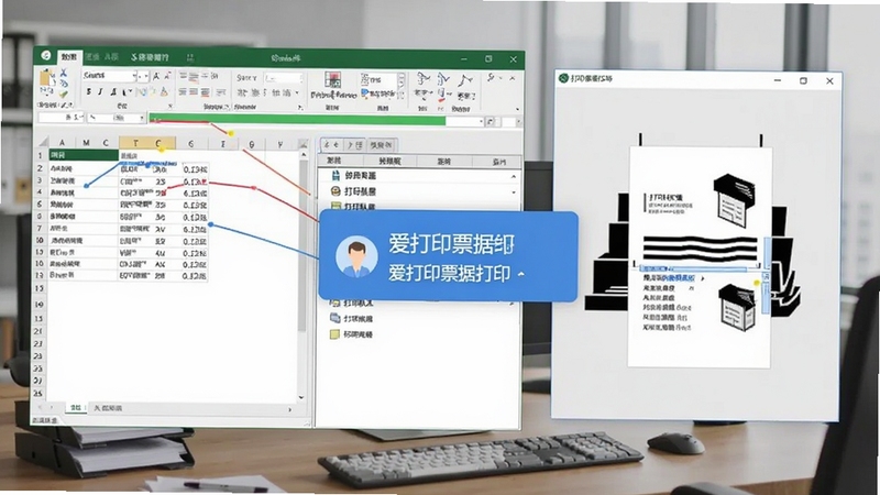 爱打印票据打印软件批量打印操作界面,画面展示Excel数据导入进度条与打印队列列表,左侧为数据源预览,右侧为打印预览窗口,背景为办公室桌面环境,带有爱打印票据打印软件操作提示浮层