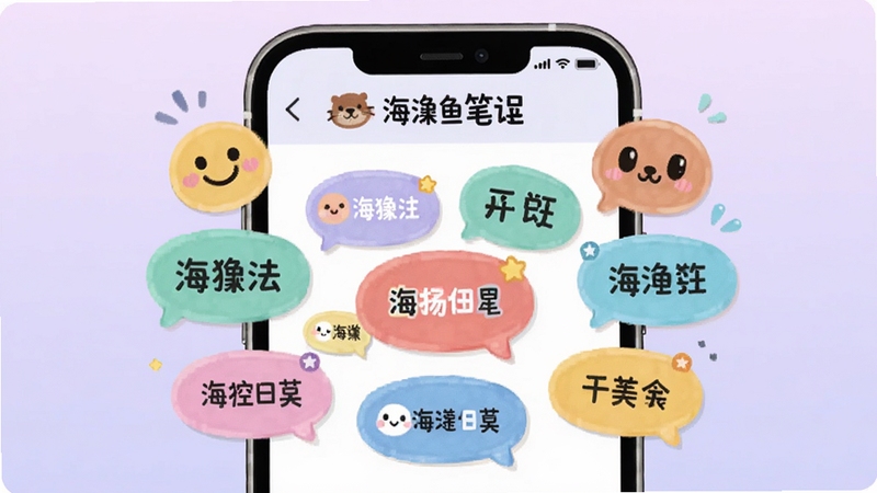 海獭笔记心情标签选择面板,画面中心为彩色标签气泡围绕手机屏幕,海獭笔记名称出现在屏幕顶部,背景为淡紫色渐变,细节包括笑脸图标和标签文字,风格可爱活泼