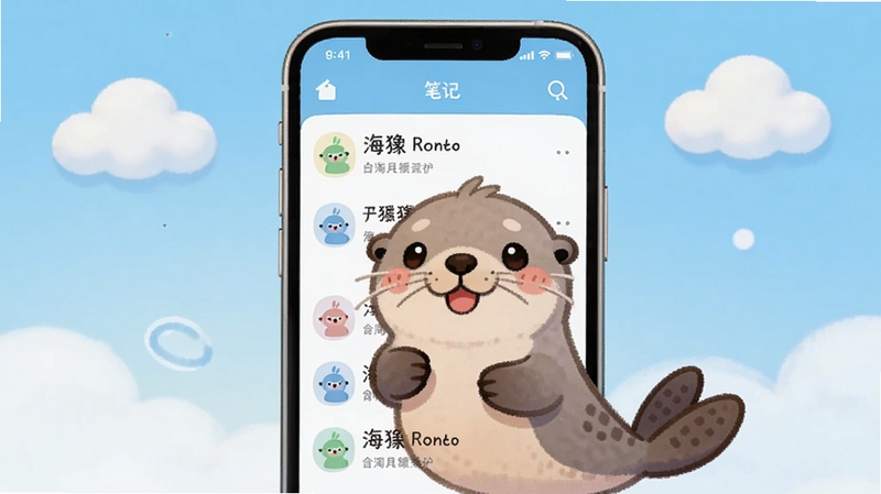 海獭笔记应用主界面与可爱海獭吉祥物,画面中心为手机屏幕展示笔记列表,背景为浅蓝色渐变与云朵装饰,整体风格清新治愈,适配Boogu模型生成