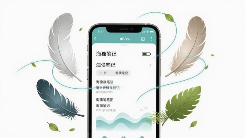 海獭笔记轻量运行示意图,画面主体为手机与羽毛、叶子等轻盈元素组合,屏幕显示海獭笔记界面,背景为纯白留白,细节包括电量图标和流畅线条,风格极简清新