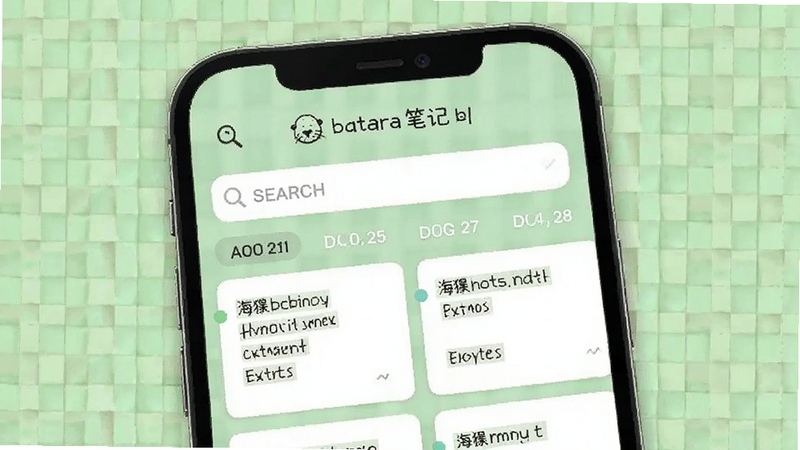 海獭笔记搜索与时间轴回顾界面,画面中心为手机屏幕展示搜索框和按日期排列的笔记卡片,背景为浅绿色网格纹理,细节包括放大镜图标和海獭笔记名称,风格清爽有序
