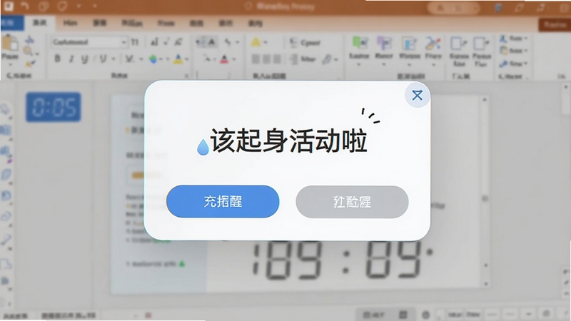 水滴电脑闹钟弹窗提醒效果图,画面中央为圆角矩形弹窗,显示“该起身活动啦”字样和两个操作按钮,背景为模糊处理的办公软件界面,整体风格柔和醒目