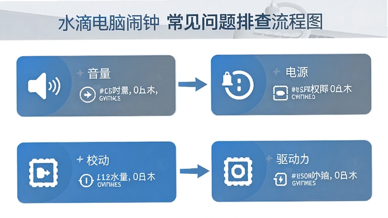 水滴电脑闹钟常见问题排查流程图,画面以简洁的信息图形式展示音量、电源、权限、驱动四个排查步骤,配色以蓝灰为主,清晰易读