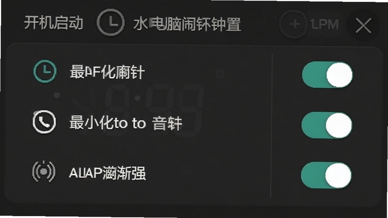 水滴电脑闹钟设置界面截图,画面展示开机自启动、最小化到托盘、音量渐强等选项开关,界面干净整洁,标注清晰
