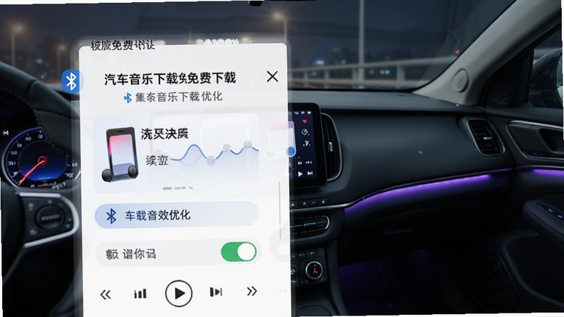 汽车音乐下载免费APP下载页面显示无损音质选项和车载音效优化开关,手机连接车载蓝牙播放音乐,车内氛围灯亮起,画面呈现科技感与驾驶场景融合,突出音质优化功能