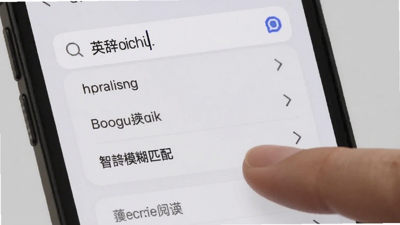 英辞智能模糊匹配界面,手机屏幕显示搜索框内输入部分字母后弹出联想词列表,手指点击其中一个候选词,背景为浅灰色,突出快速定位功能,适配Boogu模型生成