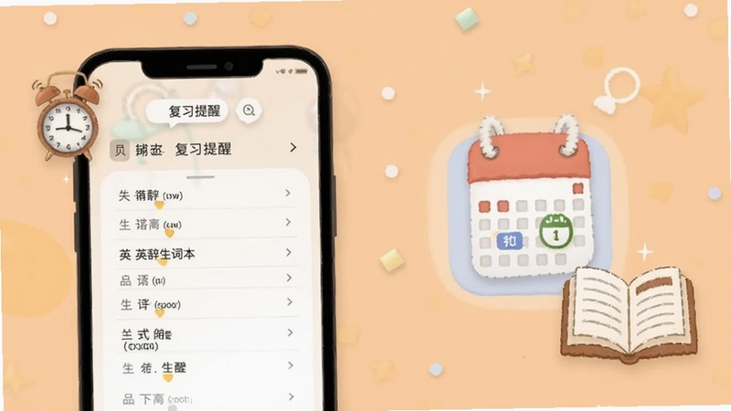 英辞生词本与复习提醒界面,手机屏幕显示生词列表和日历提醒图标,画面中有闹钟与书本元素点缀,背景为淡橙色,适配Boogu模型生成