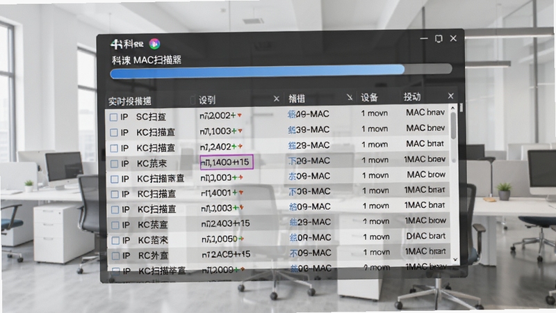 ����MACɨ��������ɨ��������豸�Ķ�̬���棬��������Ϊɨ���������ʵʱˢ�µ��豸�б�����������Ϊǳ��ɫ�칫��������Ļ��������ʾ���IP��MAC��ַ�����Ϣ������Booguģ������