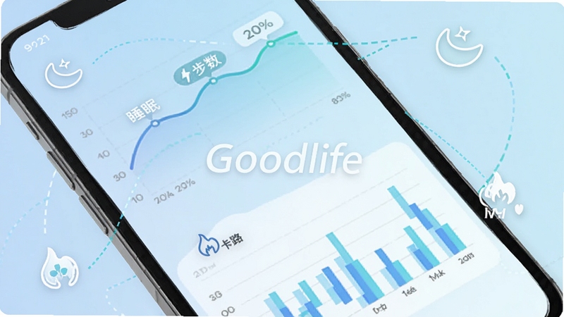 Goodlife健康数据追踪界面,手机屏幕展示折线图与柱状图,背景为淡蓝色渐变,图表旁有睡眠、步数、卡路里图标,画面中央有Goodlife字样,风格科技感与温馨感结合