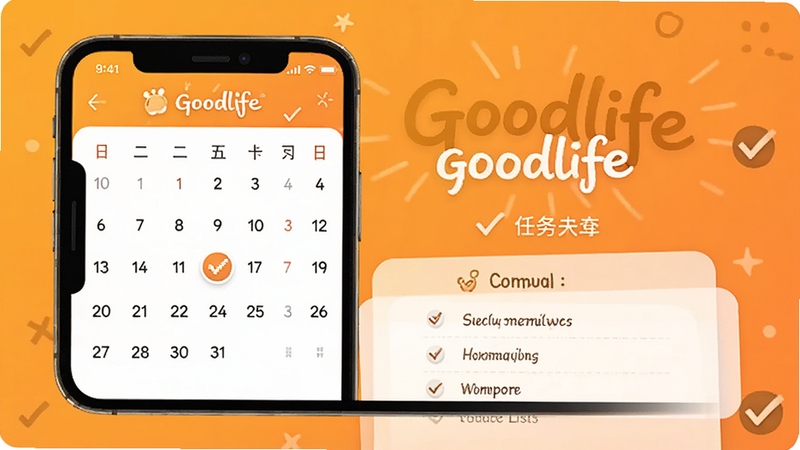 Goodlife习惯养成计划界面,手机屏幕显示打卡日历与任务列表,背景为暖橙色渐变,画面中央有Goodlife字样与勾选图标,风格活泼明快