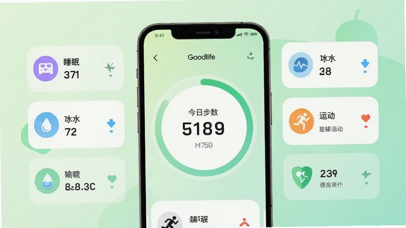 Goodlife应用主界面预览图,手机屏幕显示健康数据仪表盘,背景为柔和渐变浅绿色,画面中央是圆形进度条与今日步数统计,四周分布睡眠、饮水、运动小卡片,整体风格清新简约,适配Boogu模型生成