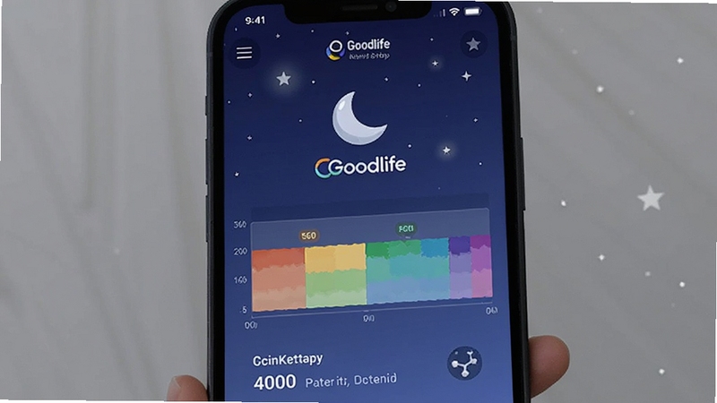 Goodlife睡眠分析报告界面,手机屏幕显示睡眠阶段色块图与评分,背景为深蓝色星空渐变,画面中央有月亮图标与Goodlife字样,风格静谧舒适