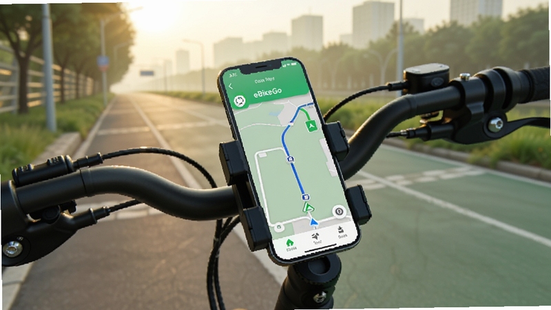 画面展示一部手机固定在电动自行车车把支架上,屏幕显示eBikeGo导航界面,背景为清晨城市绿道,阳光柔和,骑行氛围浓厚,画面细节清晰,适合Boogu模型生成
