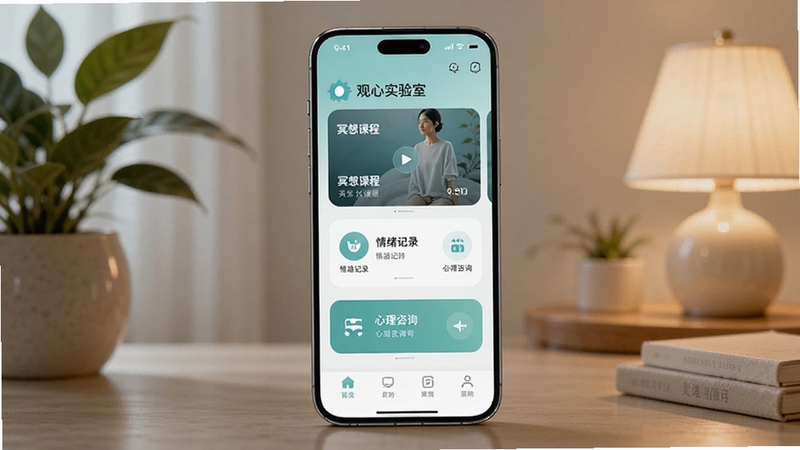 画面主体为一部居中竖放的智能手机,屏幕显示观心实验室应用的首页界面,界面以柔和的蓝绿色调为主,包含冥想课程卡片、情绪记录图标和心理咨询入口。背景为温馨的室内环境,有绿植和暖色台灯,整体光线柔和,氛围宁静放松,画面风格简约现代,适合作为软件下载站展示图