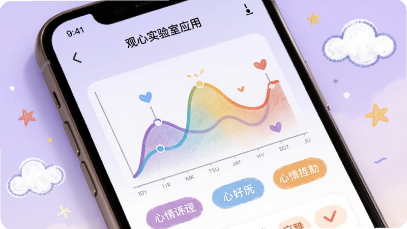 观心实验室应用内的情绪日记界面特写,手机屏幕显示彩色情绪曲线图和心情标签,背景为柔和的浅紫色渐变,周围散落着手绘风格的云朵和星星装饰,整体风格温馨治愈,强调情绪追踪功能的直观与温暖