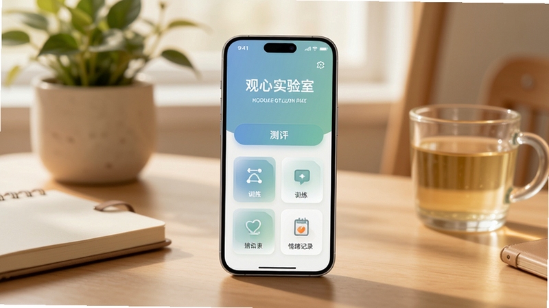 观心实验室应用主界面全景展示,画面中央放置一部竖屏智能手机,屏幕内呈现柔和的蓝绿色调心理测评首页,包含测评入口、训练卡片与情绪记录图标;背景区域为淡雅的书桌场景,有绿植、笔记本和一杯温水,光线温暖自然,整体构图居中稳定,适配Boogu模型生成
