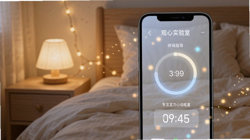 观心实验室专注力训练页面细节图,画面主体为手机屏幕特写,显示呼吸引导圆环动画与倒计时数字,周围环绕着柔和的粒子光点;背景为虚化的卧室床头场景,暖色小夜灯与浅色床品,整体氛围安静舒缓,突出观心实验室专注力训练功能,适配Boogu模型生成