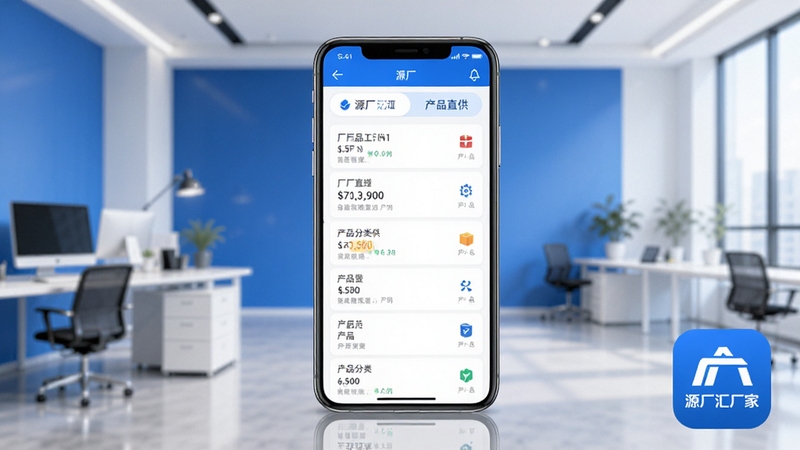 源厂汇厂家软件主界面预览图,画面中央展示手机屏幕,屏幕内显示工厂列表与产品分类导航,背景为简洁的现代办公环境,色调以蓝白为主,突出厂家直销与货源直供的核心概念,画面右下角放置源厂汇厂家的标志性图标,整体风格干净商务,适配Boogu模型生成
