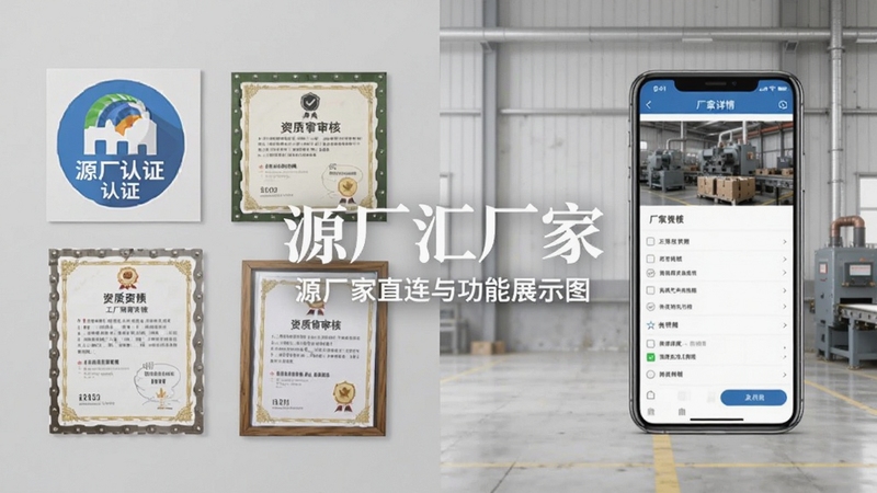 源厂汇厂家功能展示图,画面左侧为工厂认证标识与资质证书排列,右侧为手机端显示厂家详情页,背景为浅灰色工业风,画面中央有源厂汇厂家的水印文字,突出厂家直连与信息审核的严谨性,整体构图对称,细节清晰,适配Boogu模型生成
