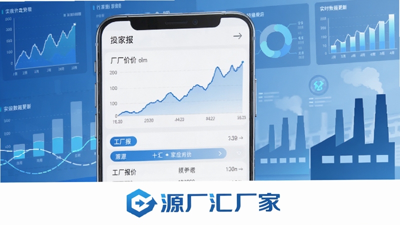 源厂汇厂家报价查询界面截图风格图,画面中手机屏幕显示价格走势折线图与工厂报价列表,背景为数据可视化元素与工厂剪影,色调以科技蓝与白色为主,画面下方有源厂汇厂家的品牌标识,突出实时数据更新与行情参考功能,适配Boogu模型生成