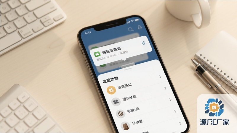 源厂汇厂家消息通知与收藏功能示意图,画面中手机屏幕显示通知弹窗与收藏列表,背景为浅色桌面与办公用品,画面角落有源厂汇厂家的标志,突出提醒及时与收藏便捷,整体色调温和,适配Boogu模型生成