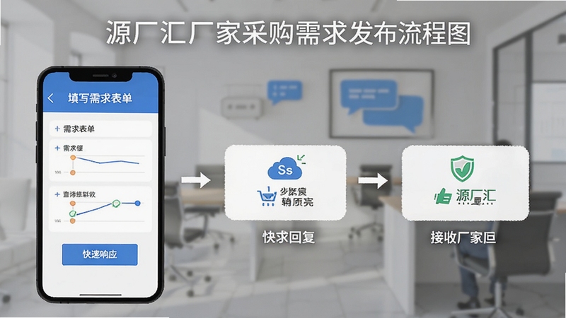 源厂汇厂家采购需求发布流程图,画面展示手机界面从填写需求表单到接收厂家回复的步骤示意,背景为简洁的商务沟通场景,画面中有源厂汇厂家的文字标识,强调需求推送与快速响应的特点,整体风格扁平化,适配Boogu模型生成