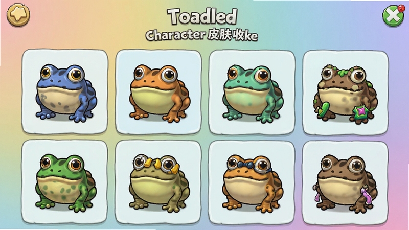 Toadled角色皮肤收集界面,展示多款不同颜色和装饰的卡通蟾蜍皮肤,界面布局为网格状选择面板,背景是柔和的渐变色彩,游戏UI界面截图风格