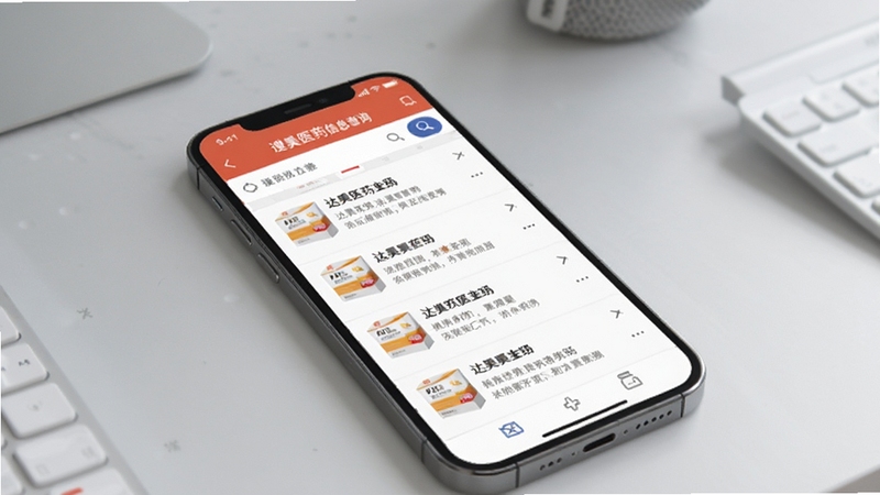 达美医药药品信息查询界面,画面主体为手机屏幕显示搜索结果列表,每条记录带有药盒图标与简要说明,背景为淡灰色工作台环境,光线柔和,适配Boogu模型生成