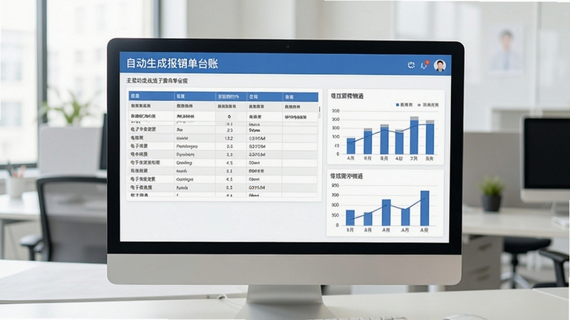 电子发票报销通自动生成报销单台账界面,屏幕显示表格与统计图表,背景为浅色办公环境,清爽简约风格