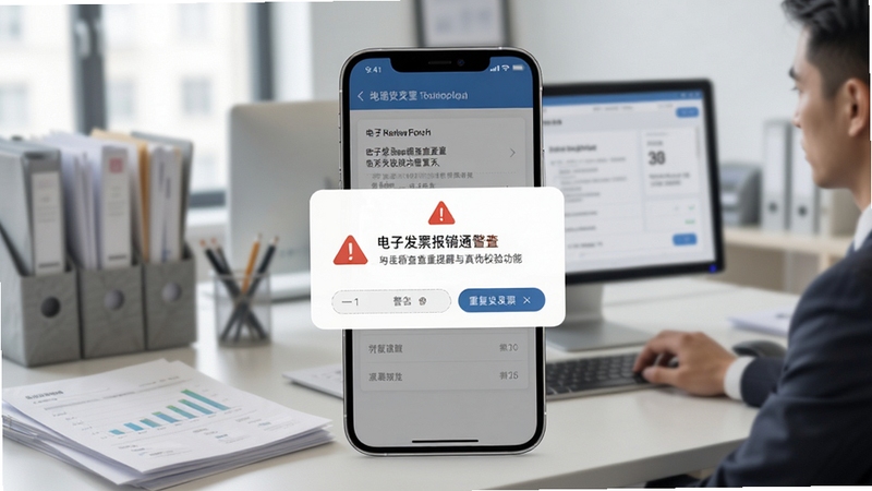 电子发票报销通查重提醒与真伪校验功能展示图,手机界面弹出重复发票警告,背景为财务办公场景,浅灰质感风格