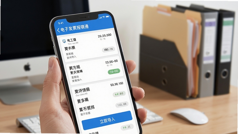 电子发票报销通多源导入界面预览图,手机屏幕显示发票列表与导入按钮,背景为办公桌与文件夹,简洁商务风格