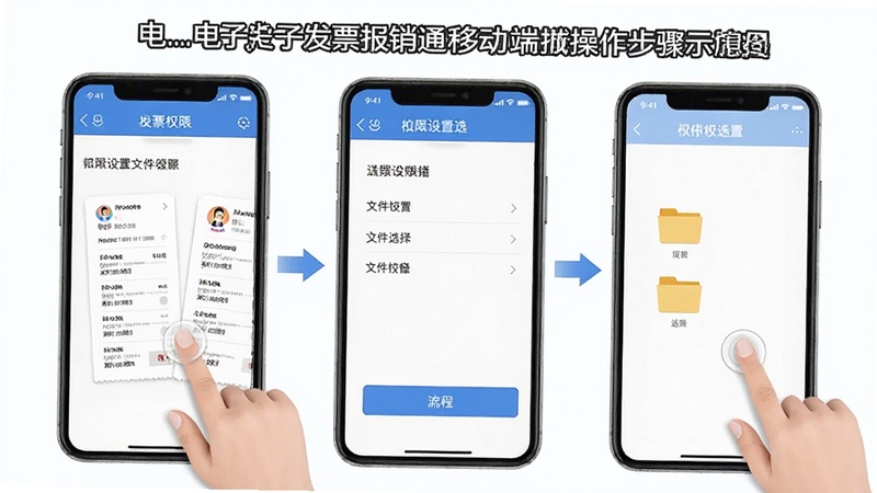 电子发票报销通移动端操作步骤示意图,手指点击屏幕导入发票,界面显示权限设置与文件夹选择,清晰教程风格