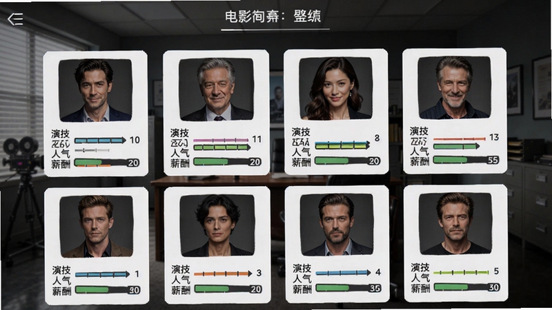 电影大亨:模拟电影制片厂演员签约界面截图,画面中展示多位演员头像卡片,每张卡片上有演技、人气、薪酬等数值条,背景为制片厂办公室,整体UI风格简洁清晰
