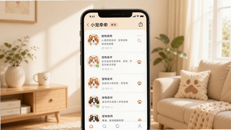 小宠牵牵应用主界面展示,画面中央为手机屏幕,屏幕内呈现宠物社交动态列表与可爱的猫狗头像,背景为柔和的暖色调居家环境,光线明亮,风格清新简约,突出宠物社交主题