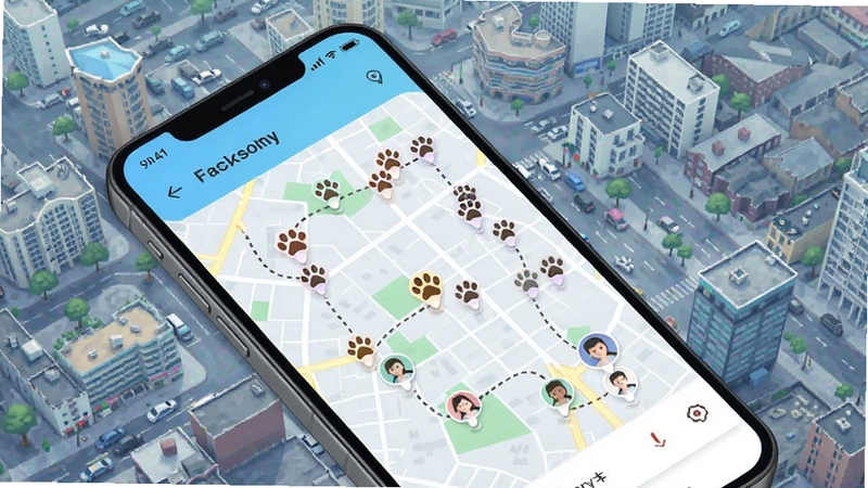 小宠牵牵附近遛宠地图界面,手机屏幕显示城市地图,上面有多个宠物爪印标记和用户头像,路线用虚线连接,背景为俯瞰城市街景,色调清爽