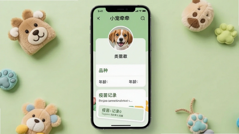 小宠牵牵宠物档案管理页面,手机屏幕显示宠物头像、名字、品种、年龄和疫苗记录卡片,界面整洁,背景为浅绿色,有宠物玩具点缀