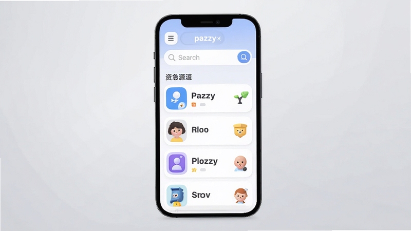 pazzy盒子主界面展示搜索框与资源列表的扁平化UI设计,手机屏幕居中,背景为浅灰渐变,图标圆润简洁